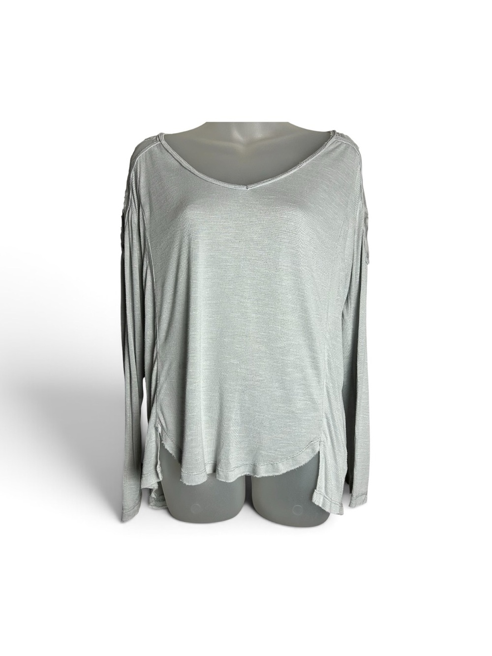 Y2K Free People Light Gray V-Neck Sheer Shoulder Long Sleeve Henley Top Size M